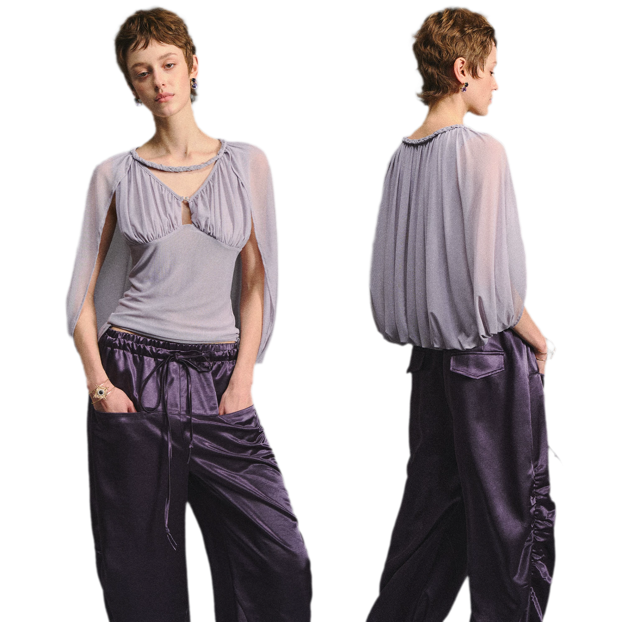 Ruched Mesh V-Neck Top