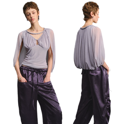Ruched Mesh V-Neck Top