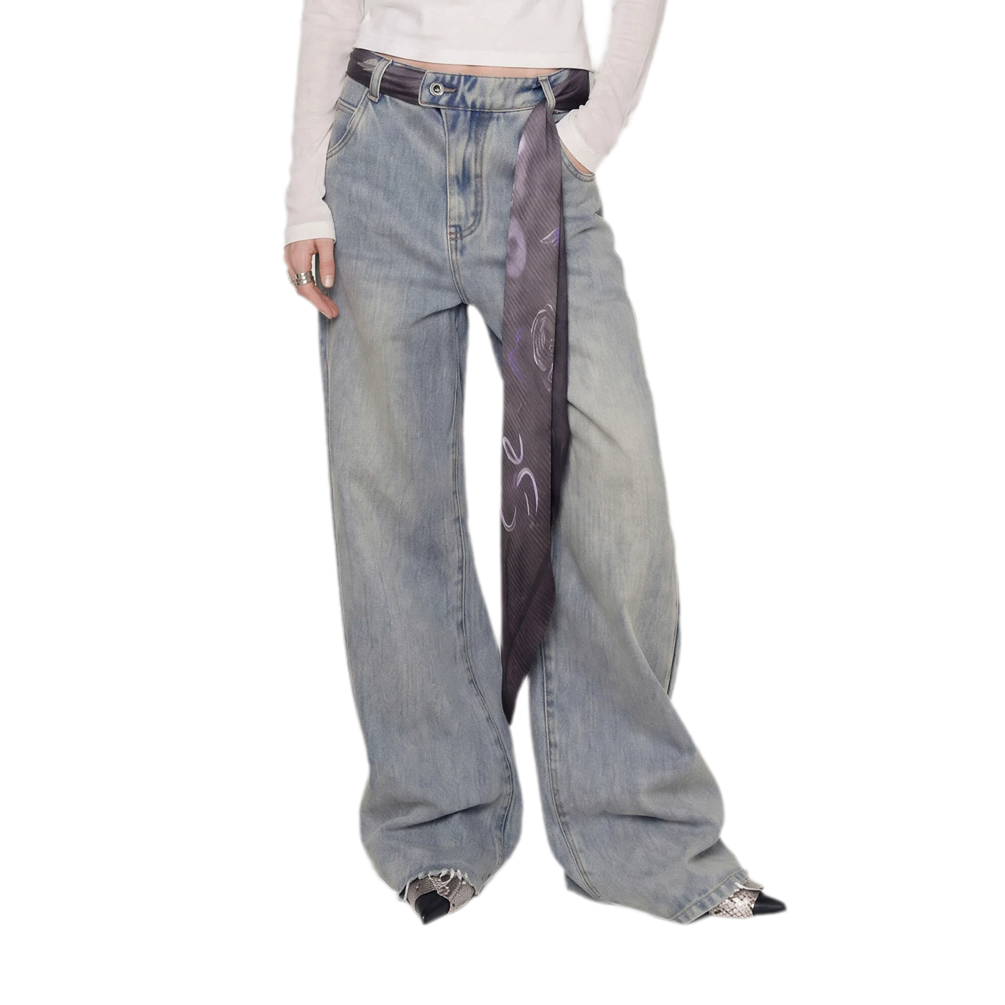 Scarf Tie Wide-Leg Jeans