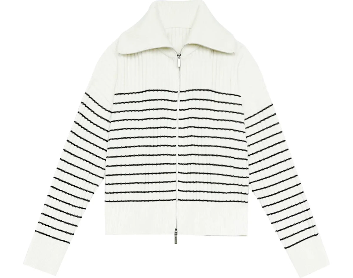 Striped Stand-Collar Zip Cardigan