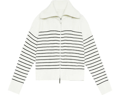 Striped Stand-Collar Zip Cardigan