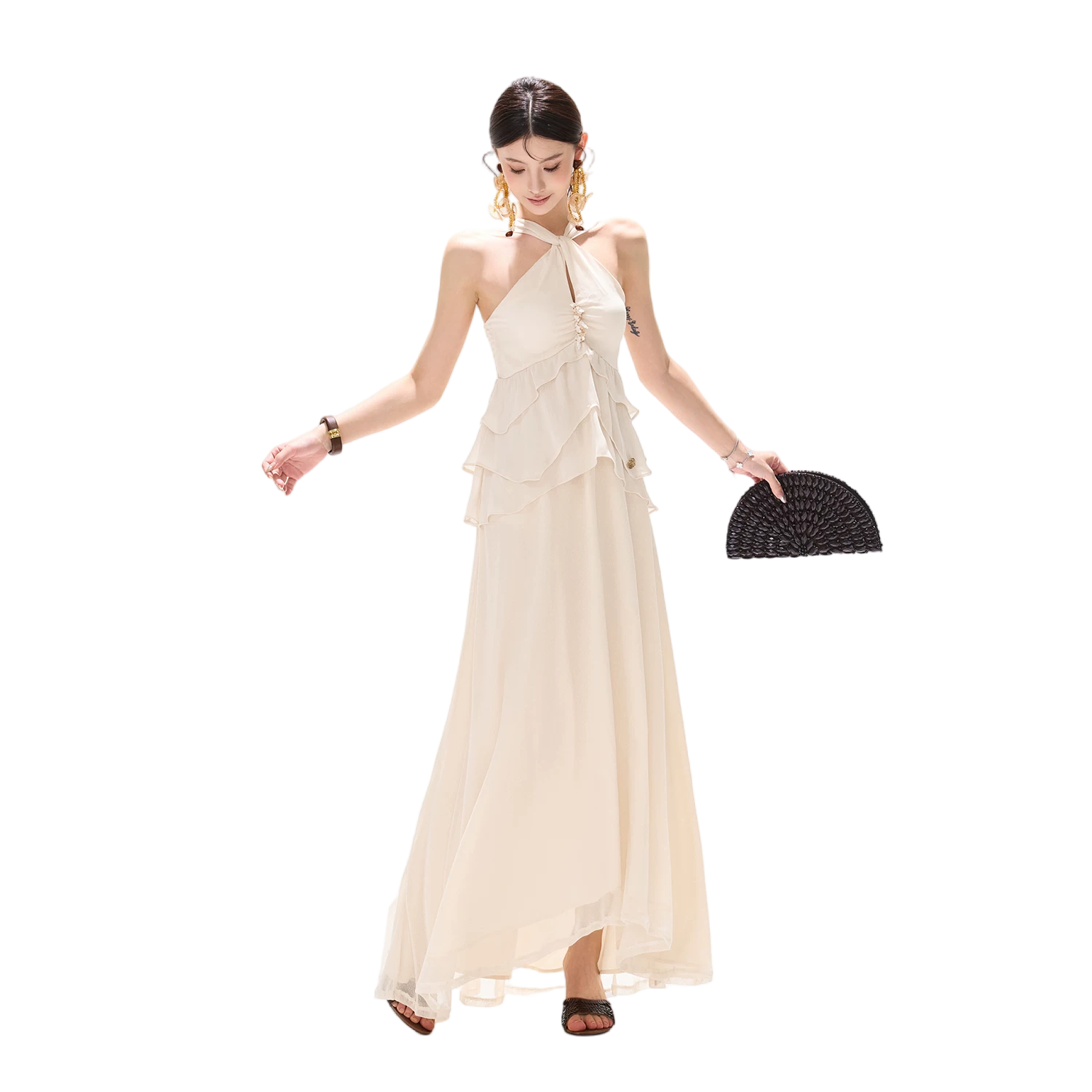 Flowing Halter Rhinestone Chiffon Long Dress