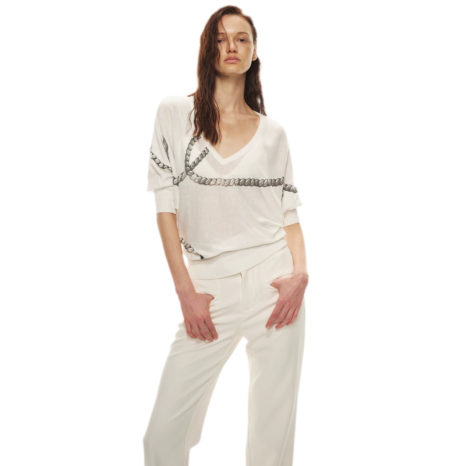 Sheer Asymmetric Chain Print Pullover Top