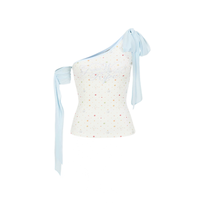 Printed Mesh One-Shoulder Tie Tank