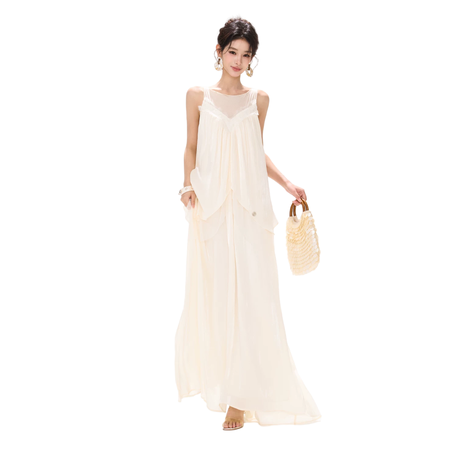 Sleeveless Mesh Ruffle Long Dress