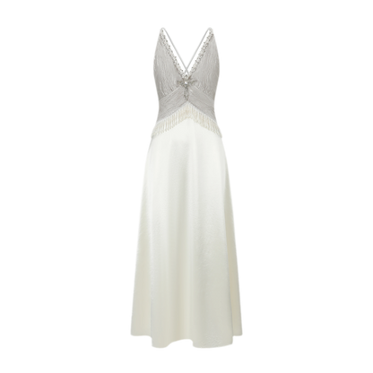 LACEMADE White Pearl Fringe Dress – Silver White (Pre-order)