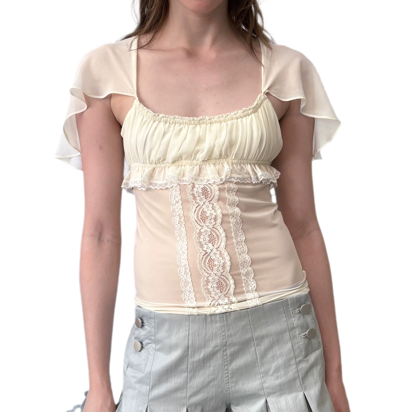 Lace Ruffle Fitted Chiffon Top