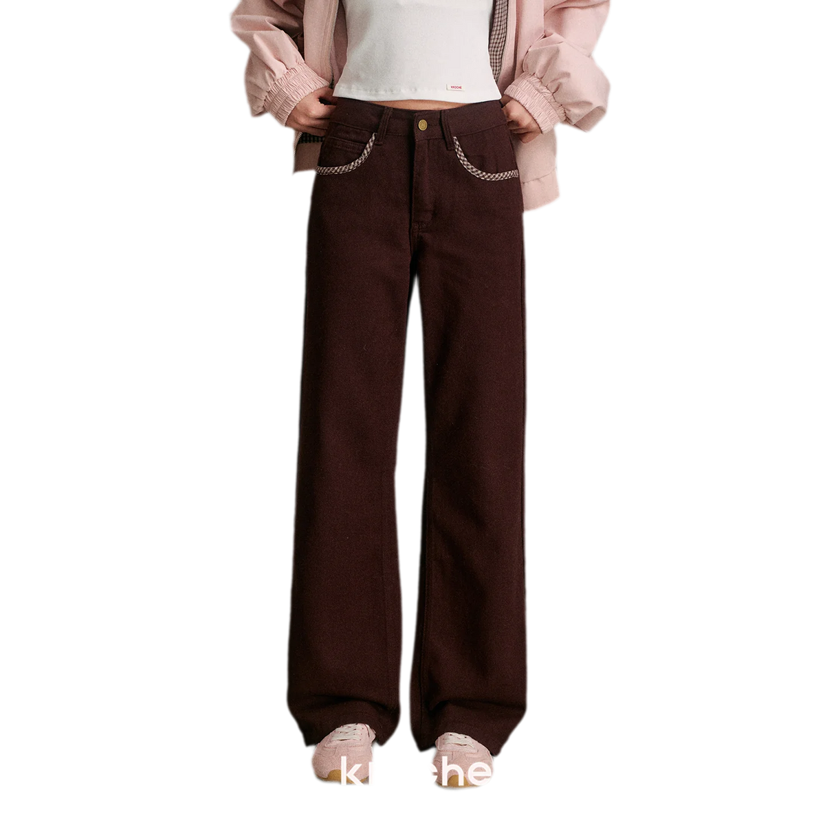 Cotton Contrast Plaid Bow Jeans