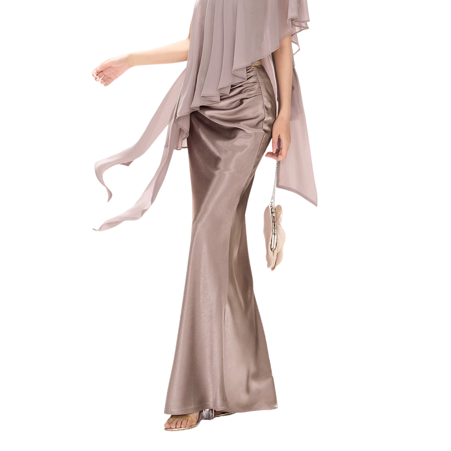 Amber Glow High-Waist Fishtail Satin Skirt