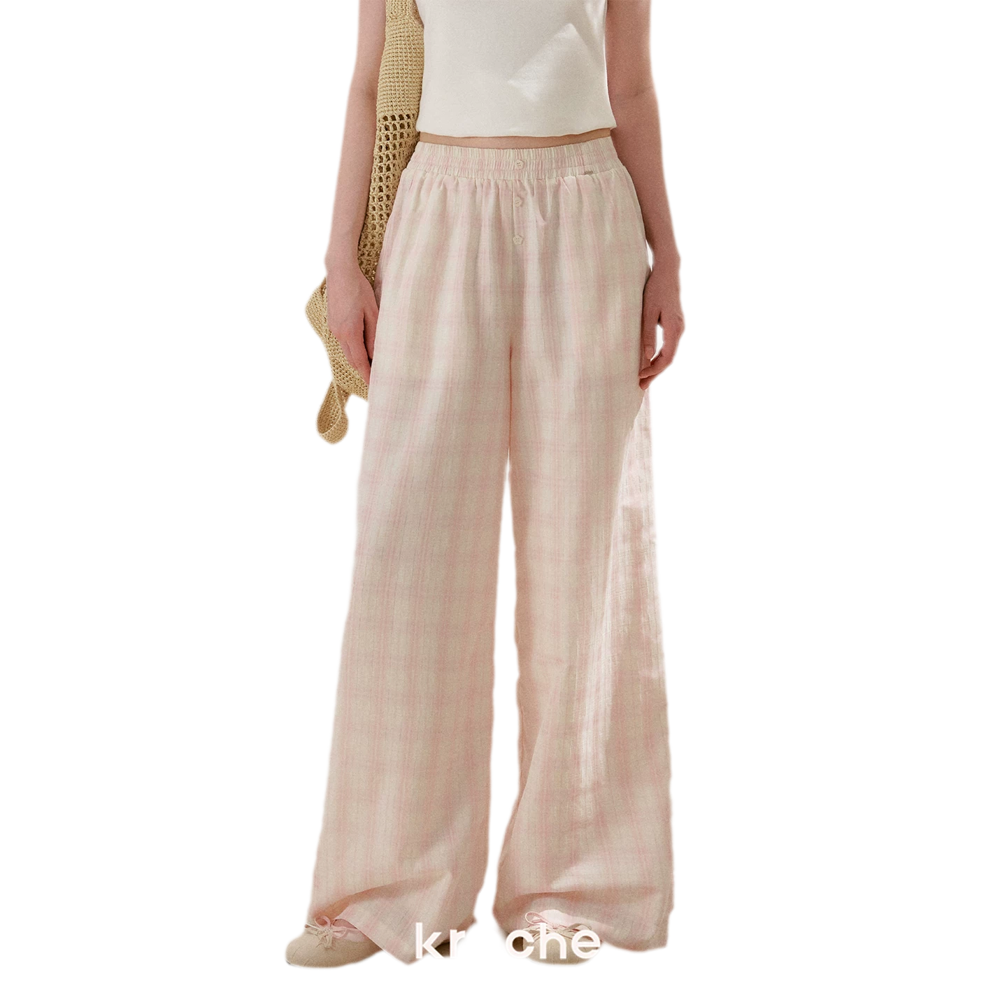 Linen Checkered High-Waist Wide-Leg Pants