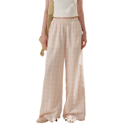 Linen Checkered High-Waist Wide-Leg Pants