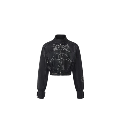 Appliqué Cropped Motorcycle Jacket