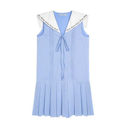 Embroidered Blue Striped Sailor Collar Pleated Dress