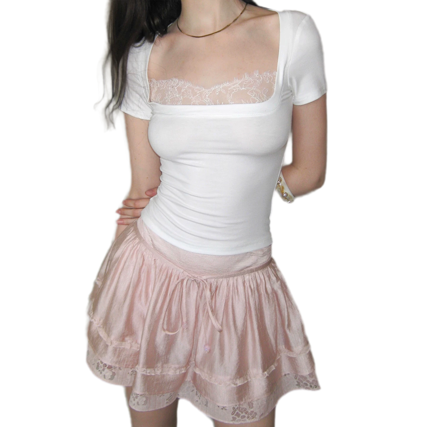 Lace Panel Square Neck T-Shirt
