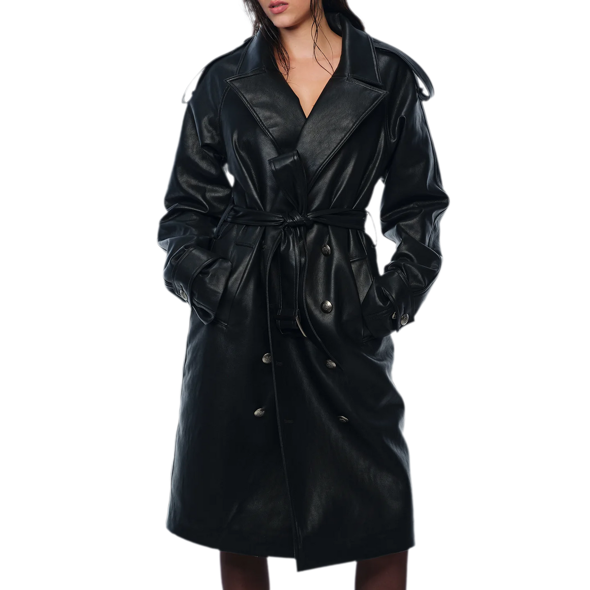 PU Leather Belted Trench Coat