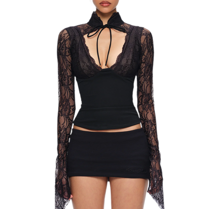 Chinese Lace Cutout Cropped Top