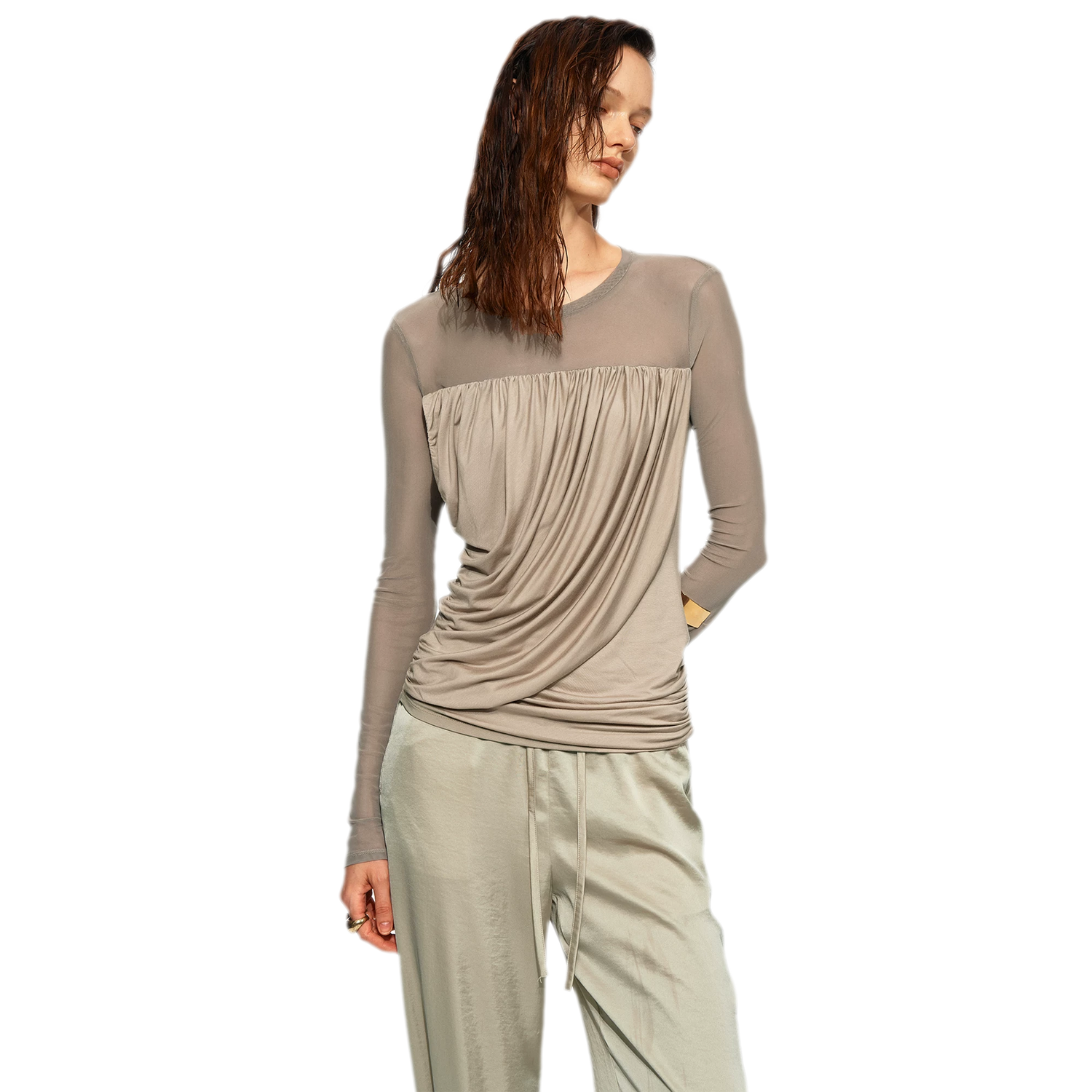 Draped Mesh Long Sleeve Tee