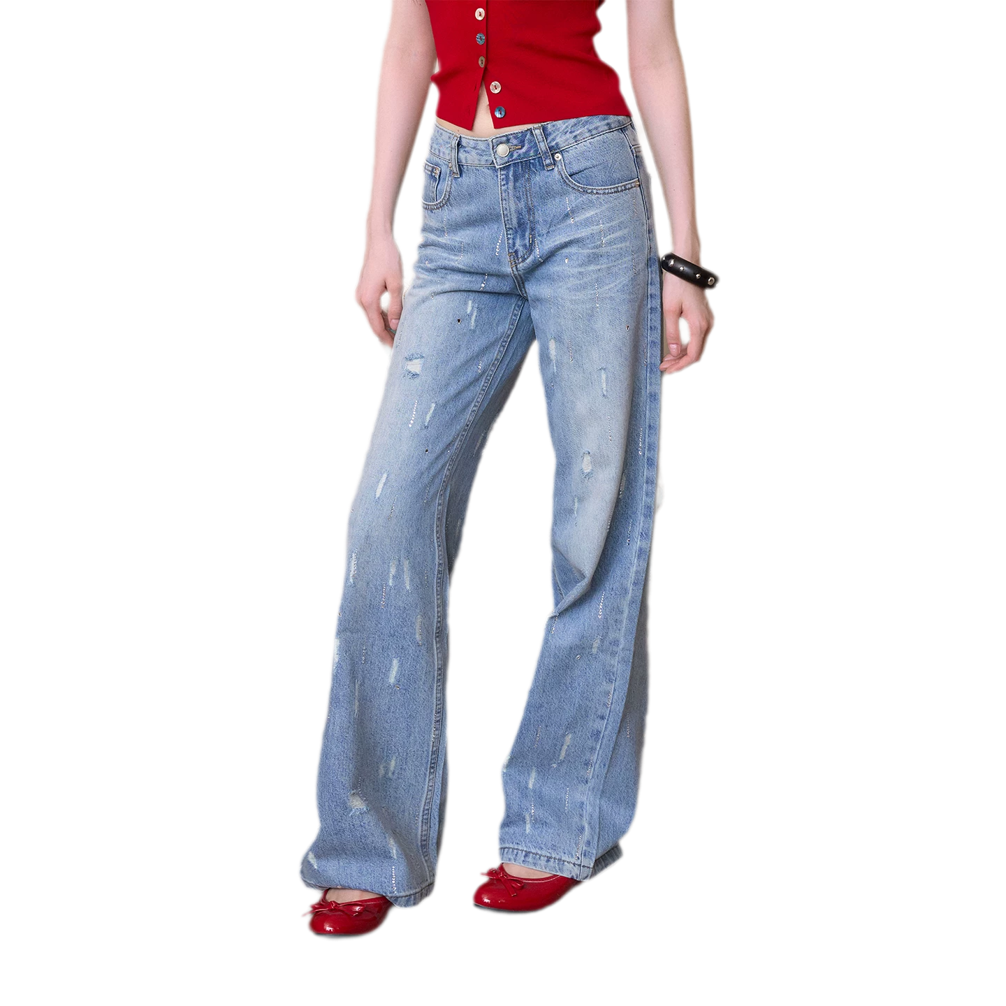 Rhinestone Distressed Denim Pants