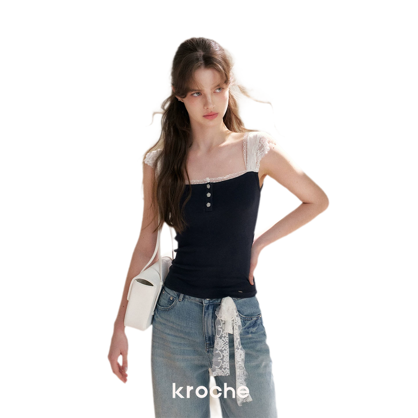Lace Edge Wide Strap Knit T-Shirt