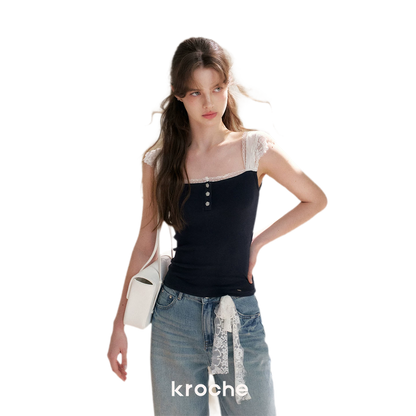 Lace Edge Wide Strap Knit T-Shirt