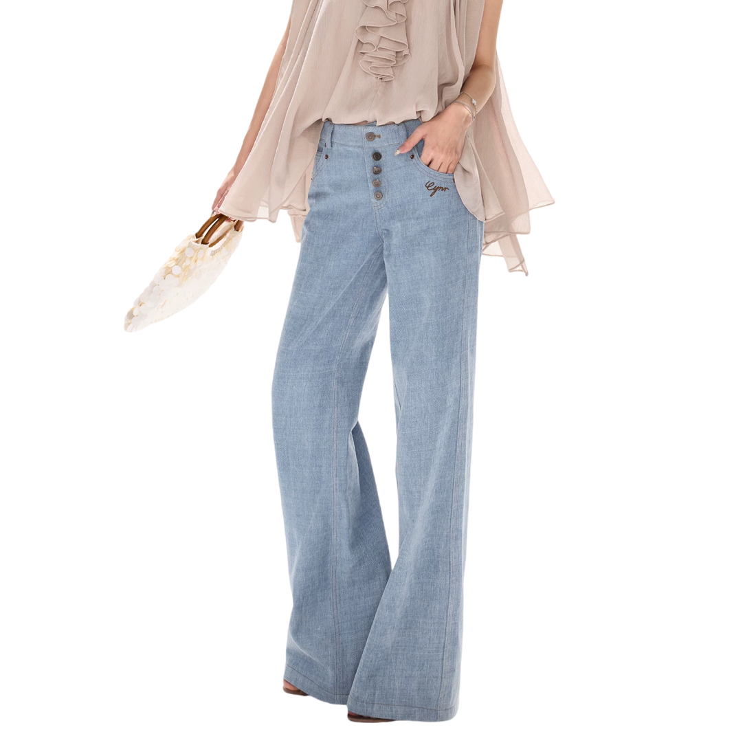 90s Vintage Washed Metal Button Wide-Leg Denim Pants