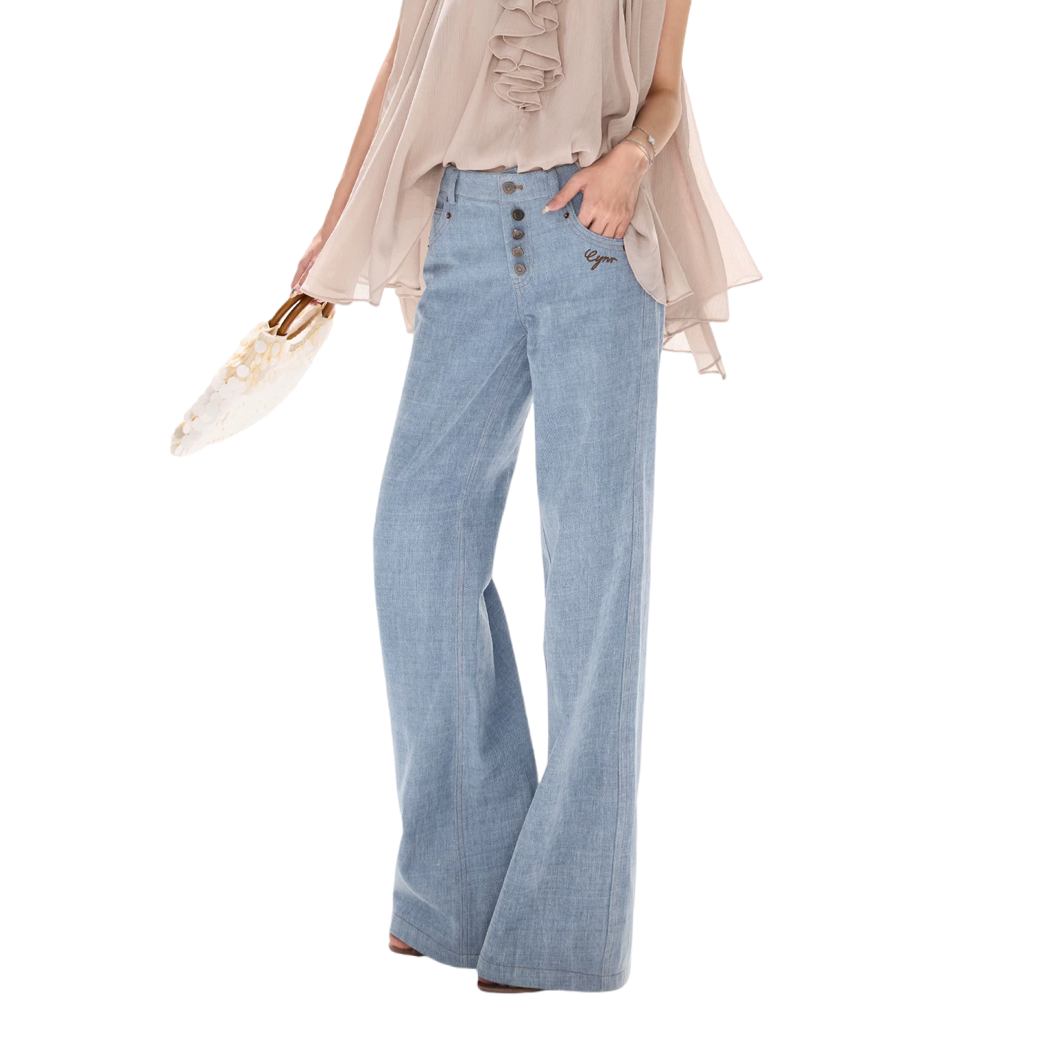 90s Vintage Washed Metal Button Wide-Leg Denim Pants