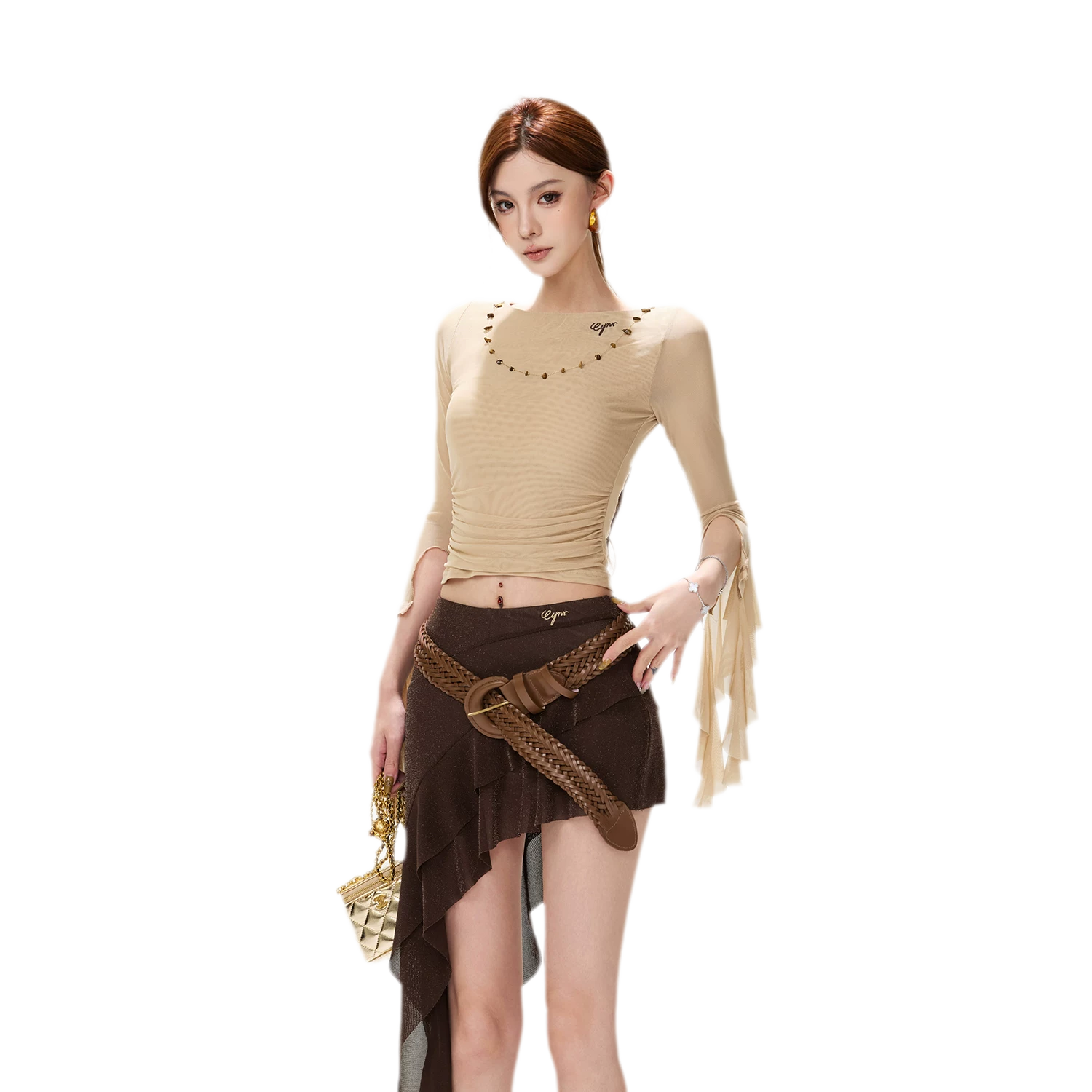 Ruched Mesh Boat-Neck Top