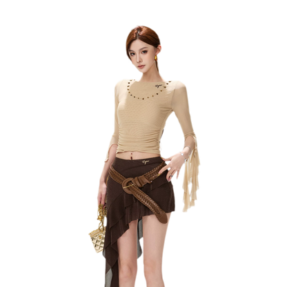 Ruched Mesh Boat-Neck Top