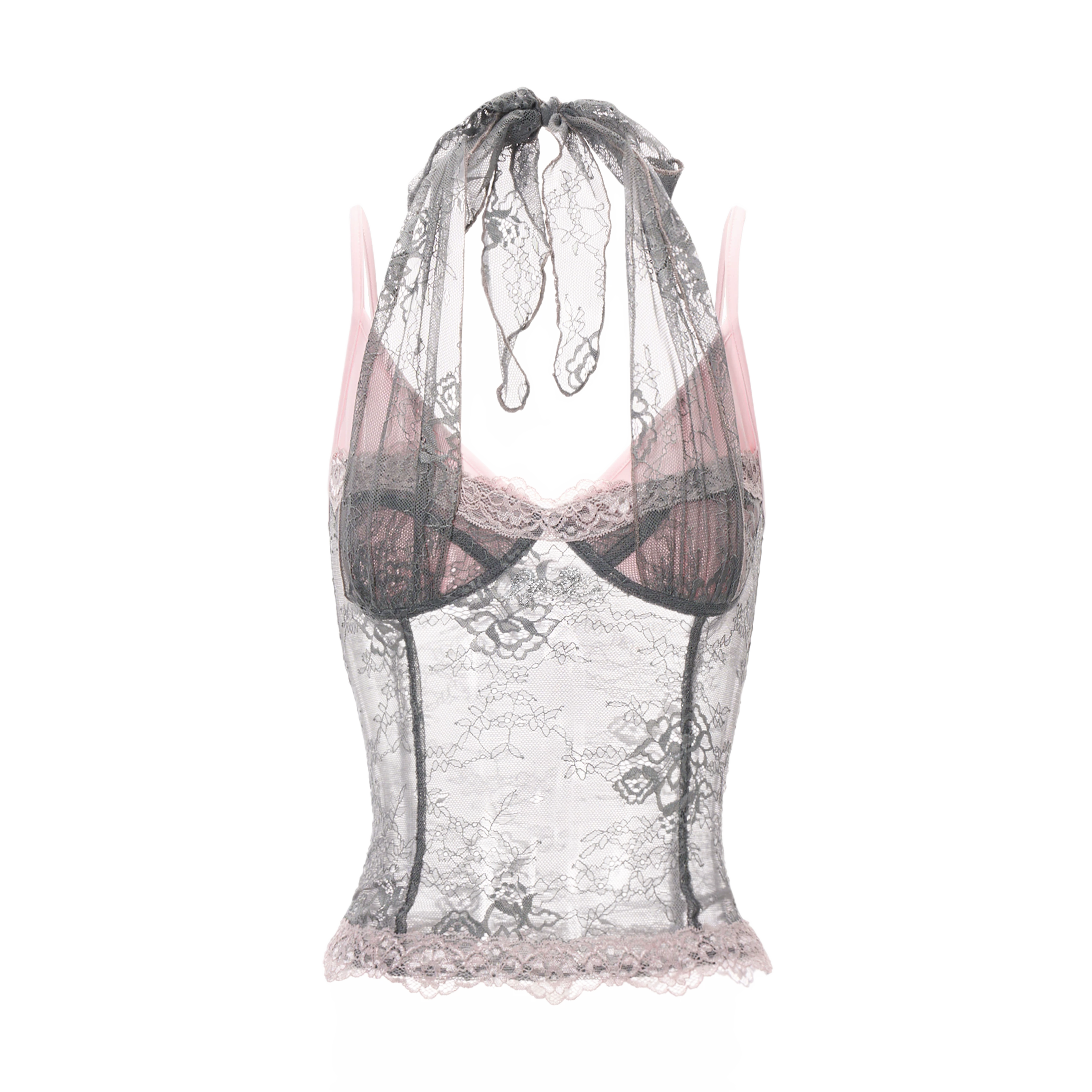 Gray Pink Lace Halter Neck Fitted Top