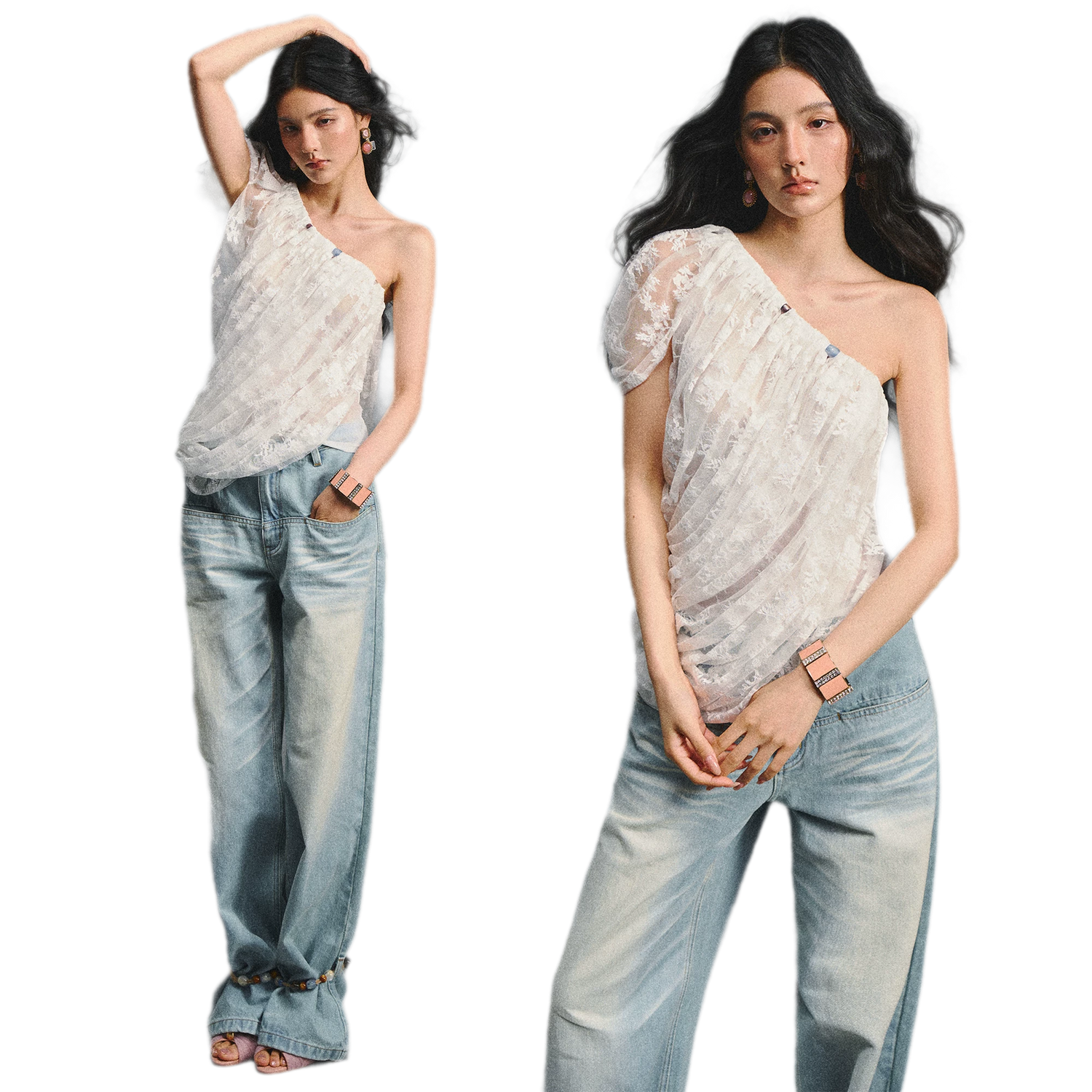 Lace Ruched Asymmetric Top