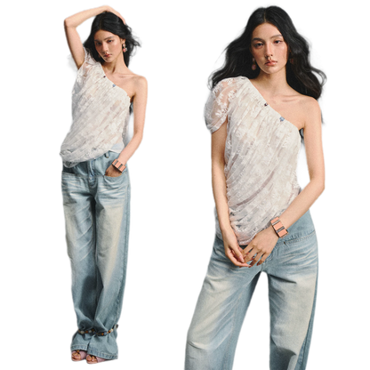 Lace Ruched Asymmetric Top