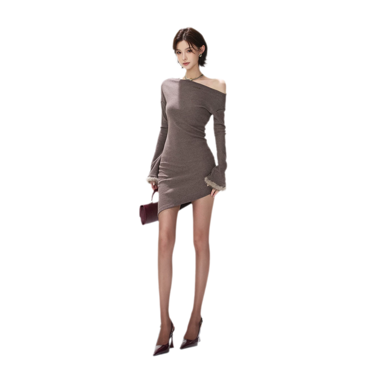 Asymmetrisches Kleid mit Fuchspelz-Bündchen