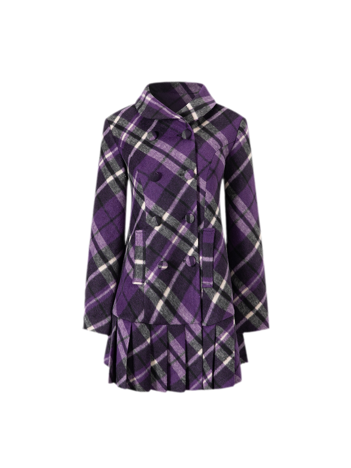 Plaid Pleated A-Line Wool Coat