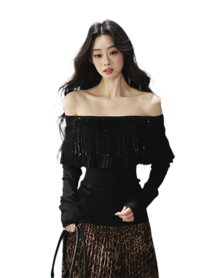 Pleated One-Shoulder Long-Sleeve Top