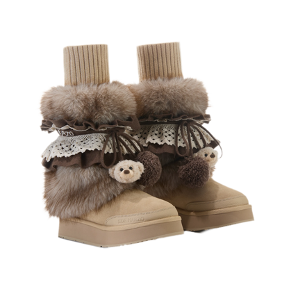 Bốt tuyết lông plush tháo rời có dây buộc