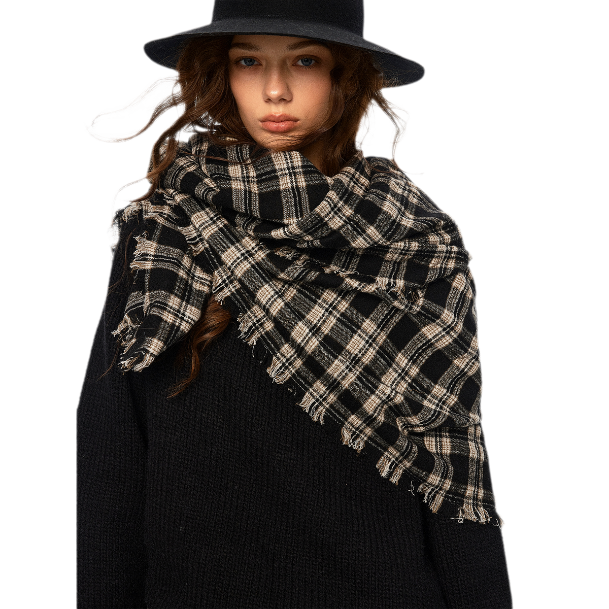 Wool Plaid Fringed Scarf