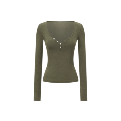 Ribbed V-Neck Button Top