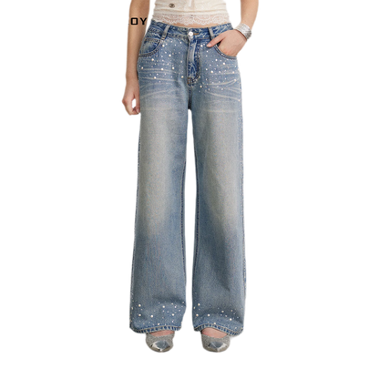 Rhinestone Pearl Wide-Leg Jeans