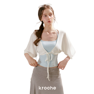 Cream White Top + Misty Blue Vest / S