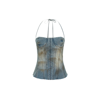 Denim Halter Top and Wide-Leg Jeans Set