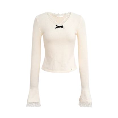 Lace Bow V-Neck Knit Top