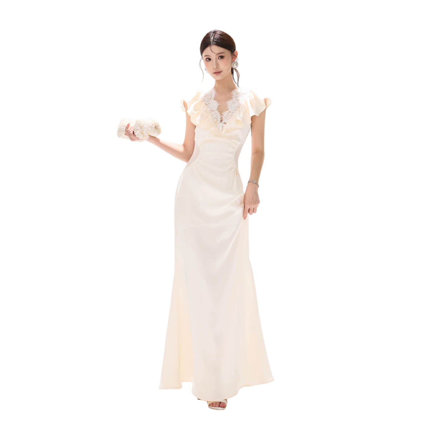 Vintage Ruffled Lace Waist-Cut Long Dress