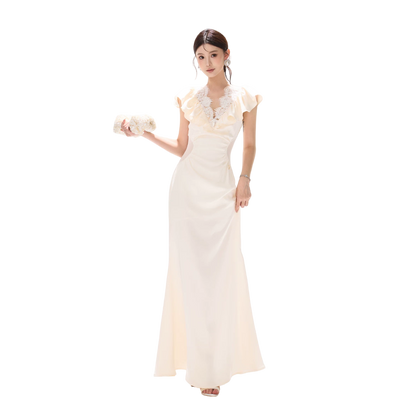 Vintage Ruffled Lace Waist-Cut Long Dress