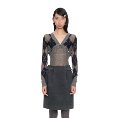 Flauschige Argyle-Strickjacke in verkürzter Länge