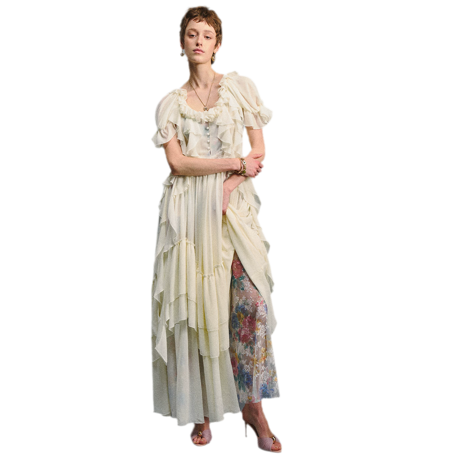 Ruffled Lace Chiffon Dress