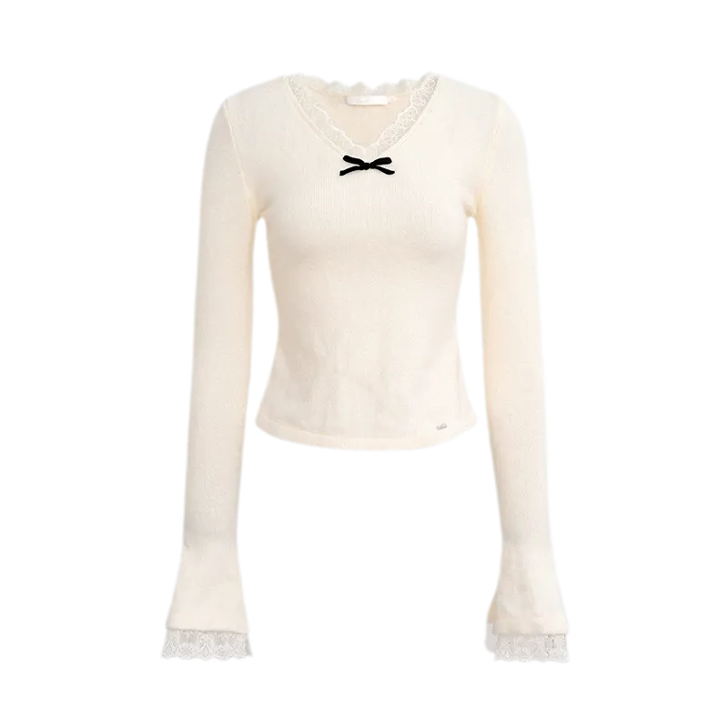 Lace Bow V-Neck Knit Top