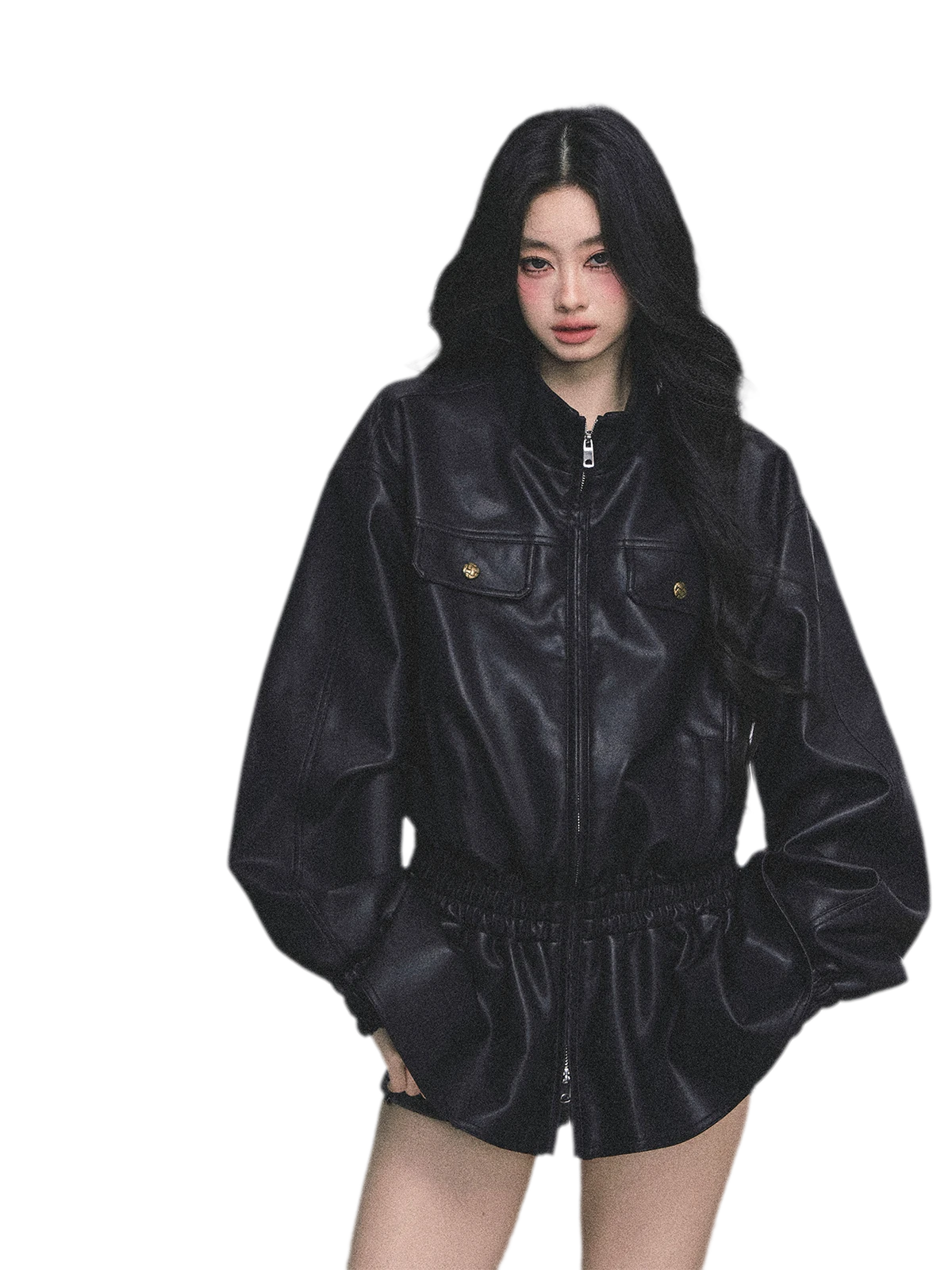 Faux Leather Stand Collar Jacket