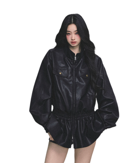 Faux Leather Stand Collar Jacket
