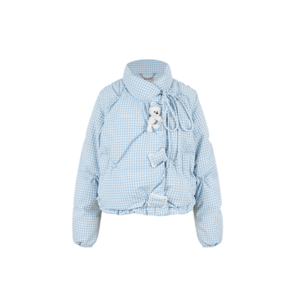 Gingham Puffy Stand-Collar Down Jacket