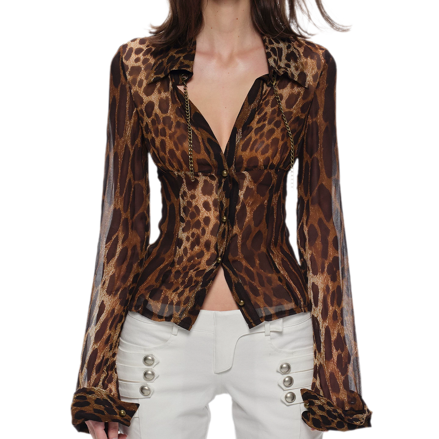 Leopard Fitted Sheer Long-Sleeve Shirt